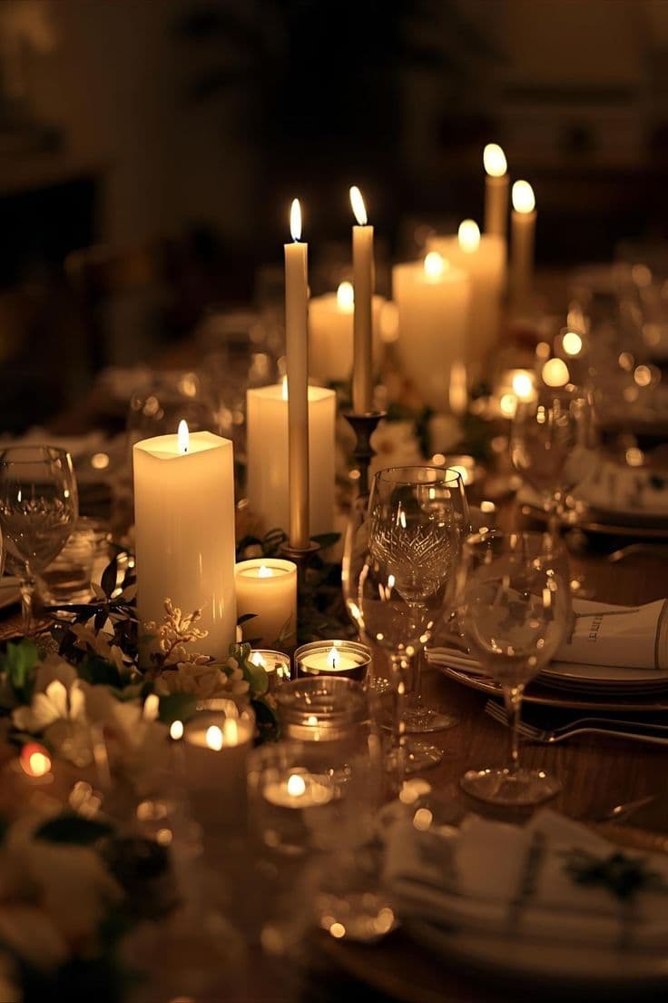Pillar candles and tapers burning among crystal glasses and white flowers on a dark table