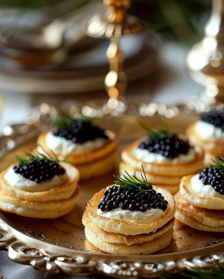 Blinis topped with crème fraîche, black caviar and dill on a gilded tray