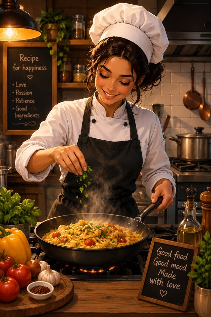 A smiling chef in whites seasoning a steaming pan with fresh herbs