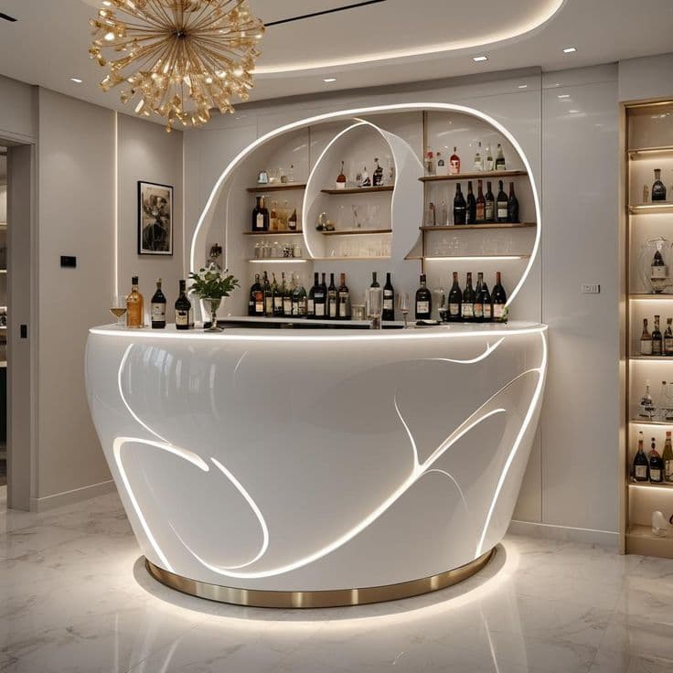 A curved white bar with glowing light lines and shelves of bottles behind it