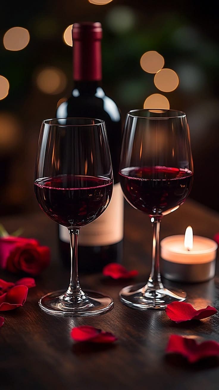 Two glasses of red wine beside a bottle and a small lit candle, with rose petals on the table
